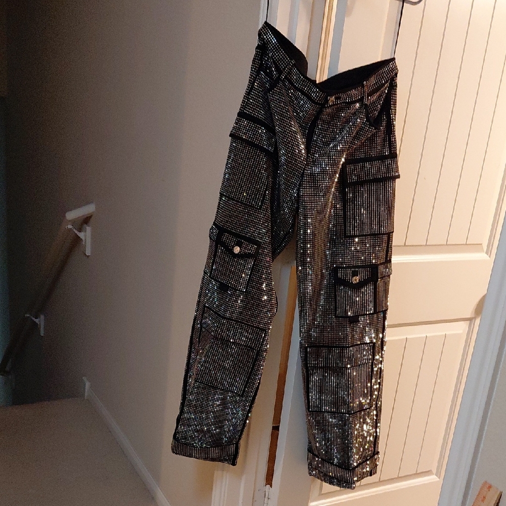 Women Black Sequined Cargo Pants